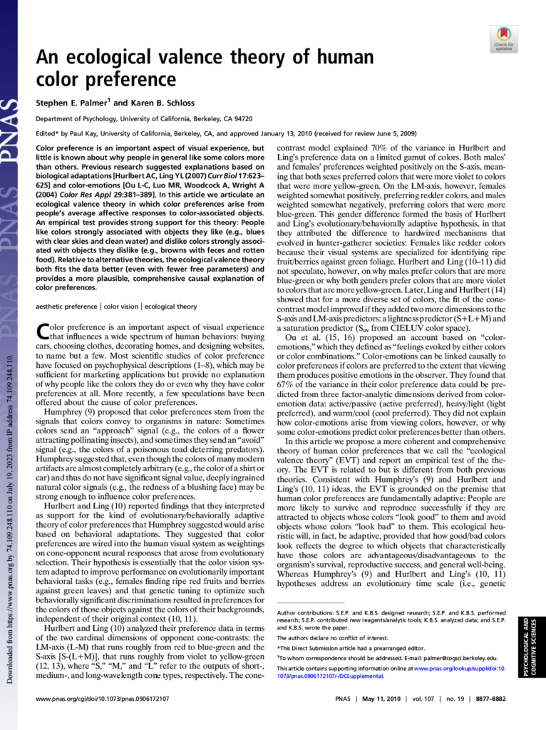 Color preference is an important aspect of visual experience, butlittle is known about why people in general like some colors more than...